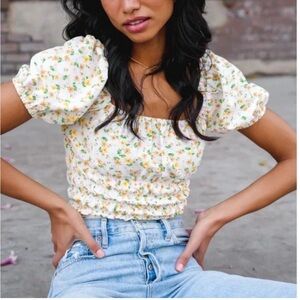 Elodie Floral Puff Sleeve Blouse in Yellow and Pink ruched